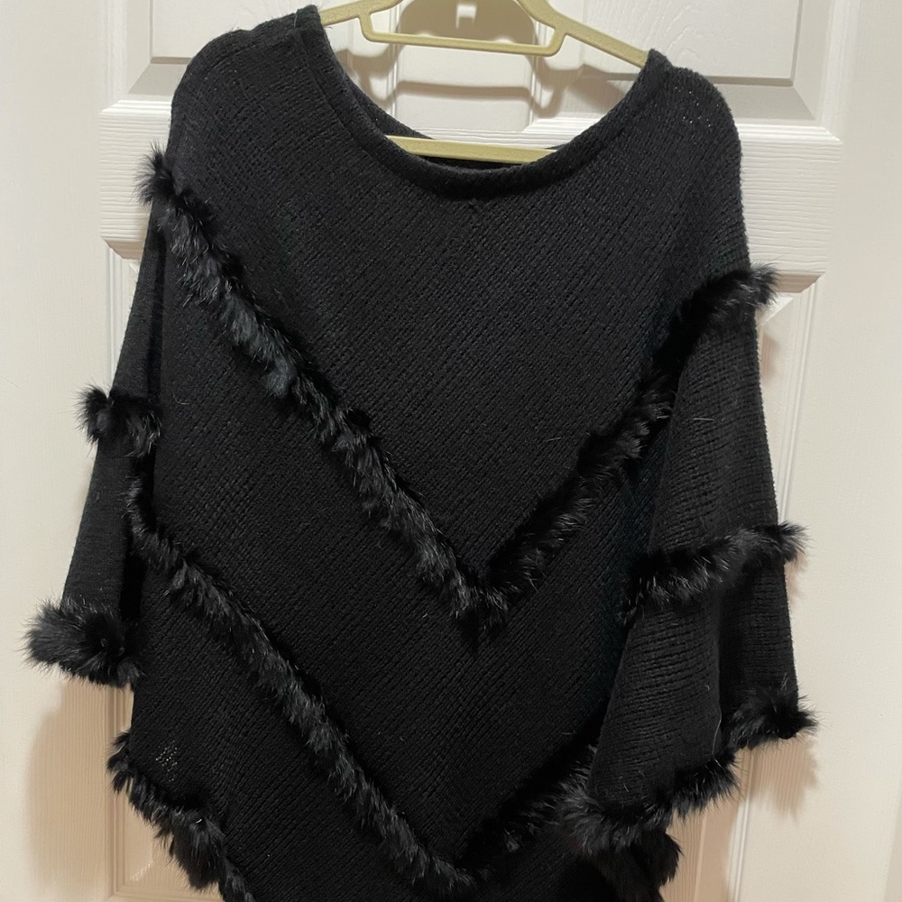 Knit poncho with fur trim! Real fur